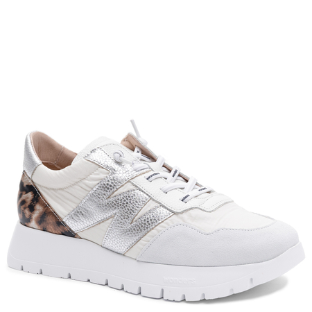 Wonders Sneakersy Damskie Na Platformie Skórzane Biało-Srebrne Panterka A-24100-BLANCO
