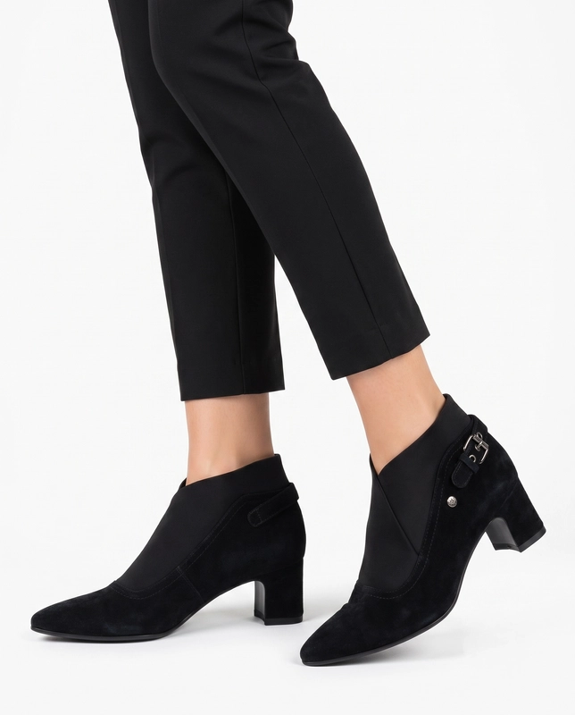 Black Women's Suede-Look Ankle Boots with Elastic Panel and Block Heel K7691-01/00-7