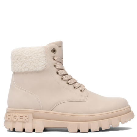 Tommy Hilfiger Lace-Up Women’s Boots Faux-Fur Collar Ankle Boots Side-Zip Beige T3A5-34043-BEIGE