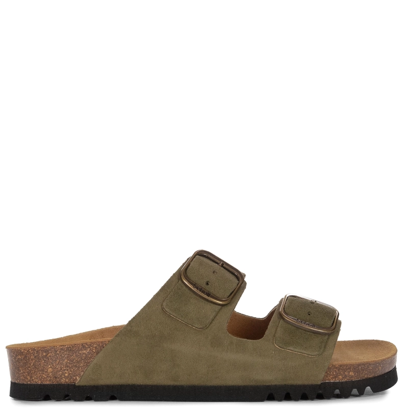 Scholl Skórzane Klapki z Dwoma Klamrami Damskie Anatomiczna Podeszwa Khaki F32165-1147