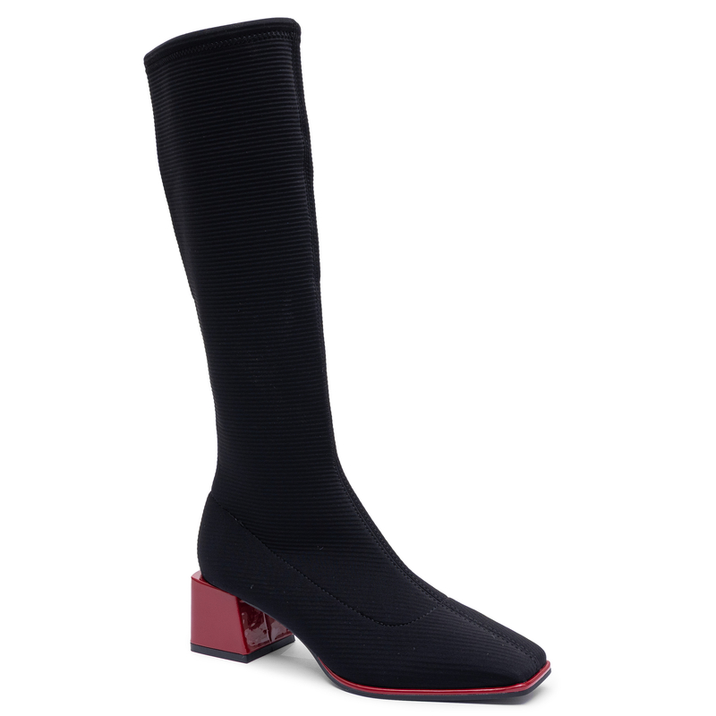 Gioseppo Trendy Stretch Sock Boots On Red Block Heel Black 80684-NEGRO
