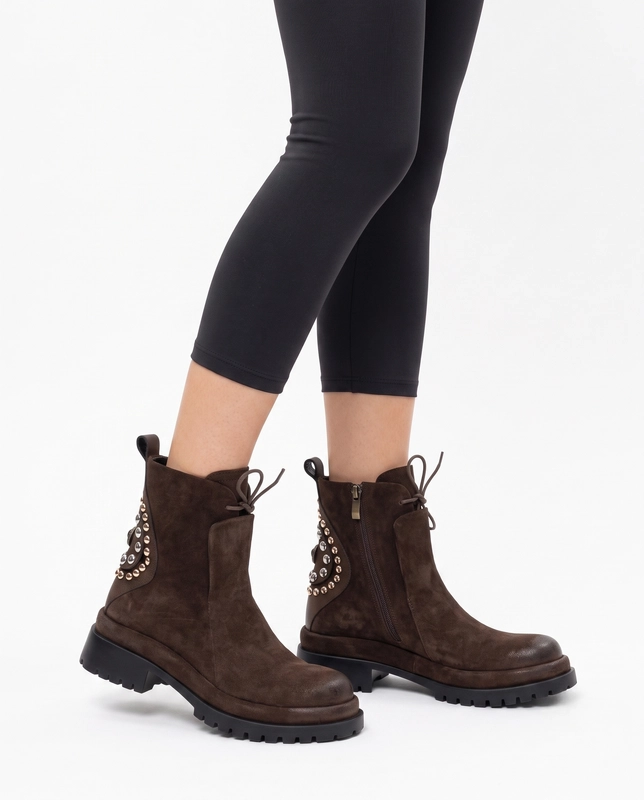 Maciejka Leather Women's Boots With Decorative Studs And Zipper Chocolate Brown K7747-02/00-7
