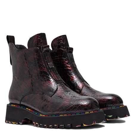 Artiker Leather Croc-Embossed Ankle Boots on Platform Black-Burgundy 57C0165