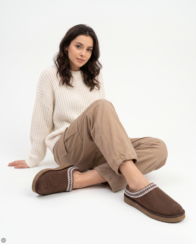Inblu Comfortable Warm Platform Slippers with Patterned Insert Brown EY000030-TESTA