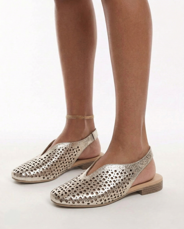 Boccato Natural Leather Openwork Slingback Shoes Metallic Gold 020-1223-040T