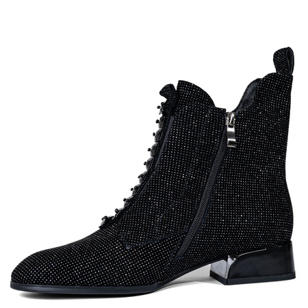 S.Barski Sparkle Leather Ankle Boots Block Heel Black MR52-156-BK