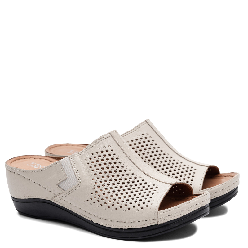 Sokolski Leather Openwork Wedge Slides Beige AMI-L26-157-BEIGE