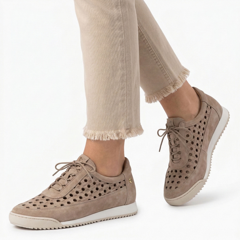 Maciejka Leather Openwork Sport Shoes Lace-up Beige 07323-04/00-1