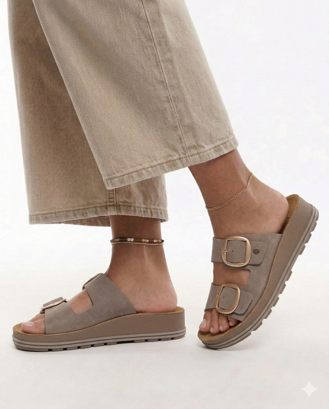 Maciejka Leather Slide Sandals Double Buckle Platform Beige P7537-04/00-5