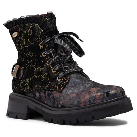 Laura Vita Leather Lace-Up Women’s Ankle Boots Trzewiki Artistic Print Black Multicolor KOULEO-047-NOIR