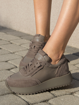 Artiker Sneakersy damskie skórzane na platformie beżowe