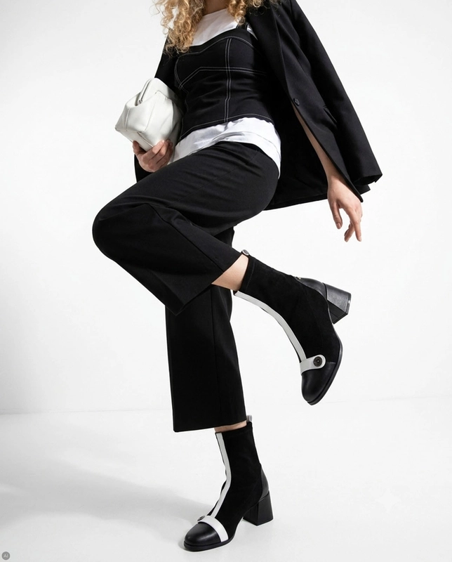 Maciejka Leather Block Heel Boots With Insulation Black And White K7819-01/00-7