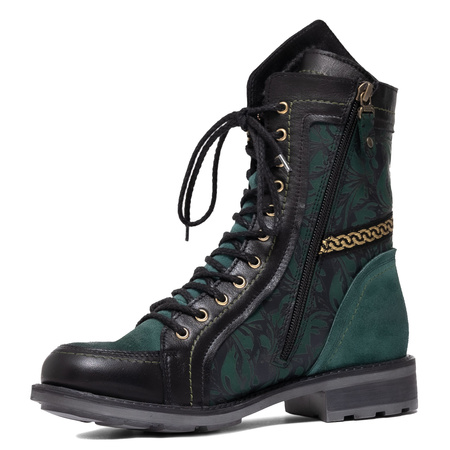 Maciejka Leather Lace-Up Boots Gold Chain Green 07097-09/00-8