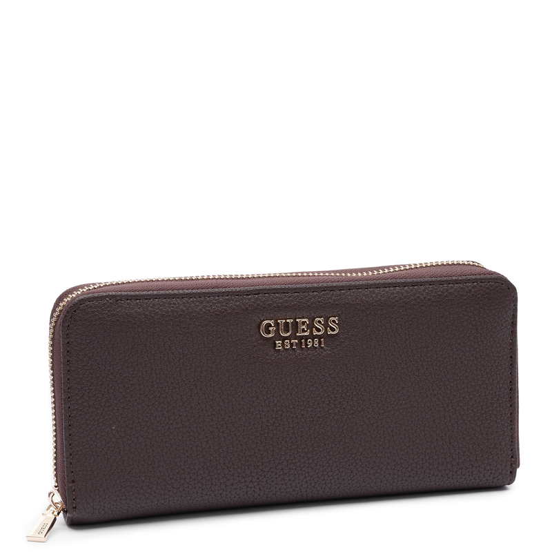Guess Elegancki Zapinany Na Zamek Portfel Damski Z Paskiem Brązowy SWBG9735146-BROWN