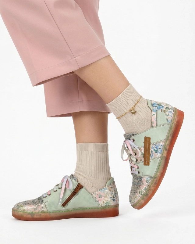 Maciejka Skórzane Sneakersy w Kwiaty Zielone 06791-09-00-1