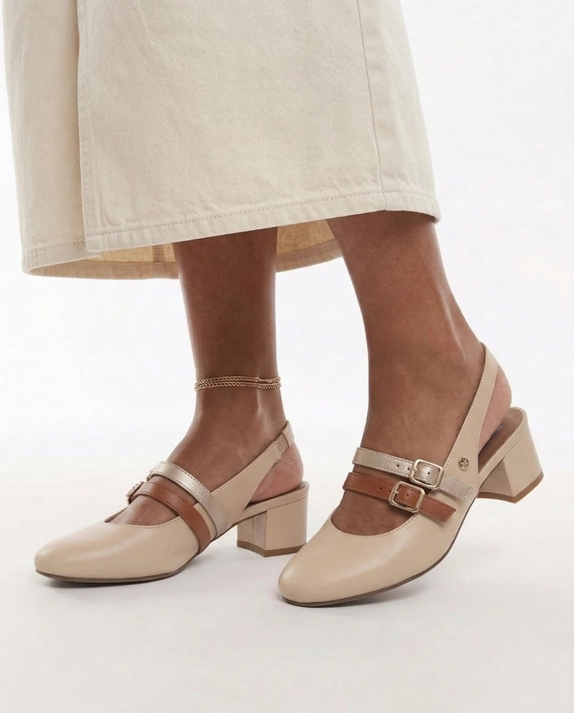 Maciejka Leather Slingback Mary Jane Pumps Block Heel Beige K7475-04/00-1