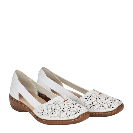 Rieker Leather Floral Openwork Slip-On Shoes Low Wedge White 41356-80