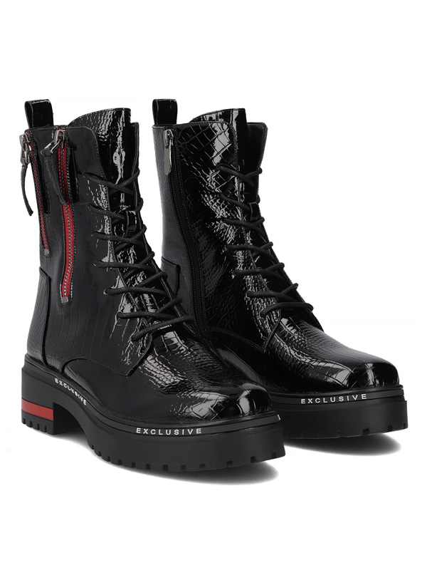 Filippo Leather Combat Boots Patent Croco Platform Black DBT4058-25-BK-RD