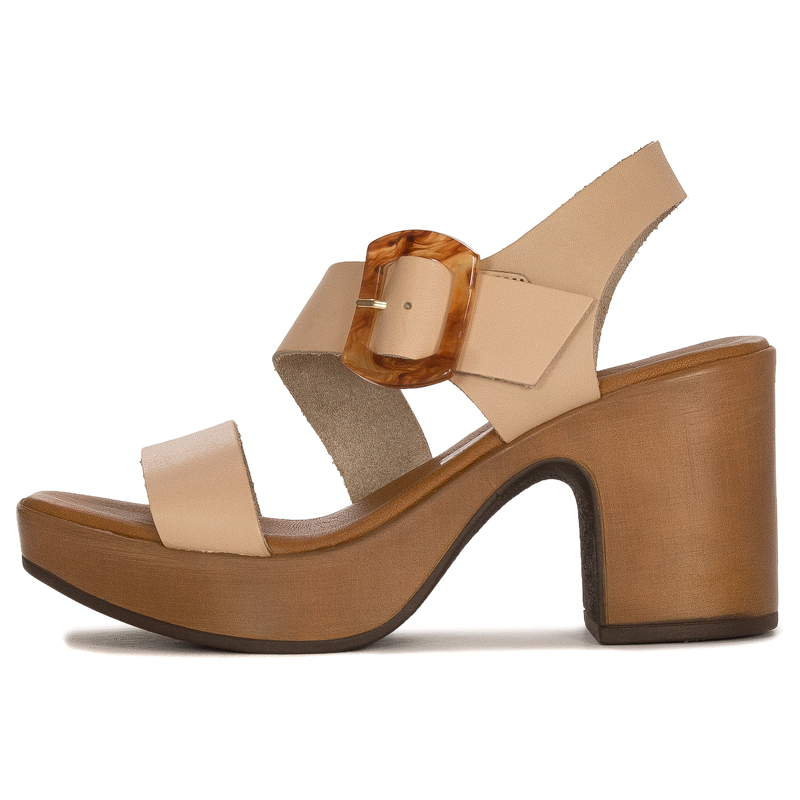 Maciejka Leather High Block Heel Sandals with Tortoiseshell Buckle, Beige L5245-04-00-0