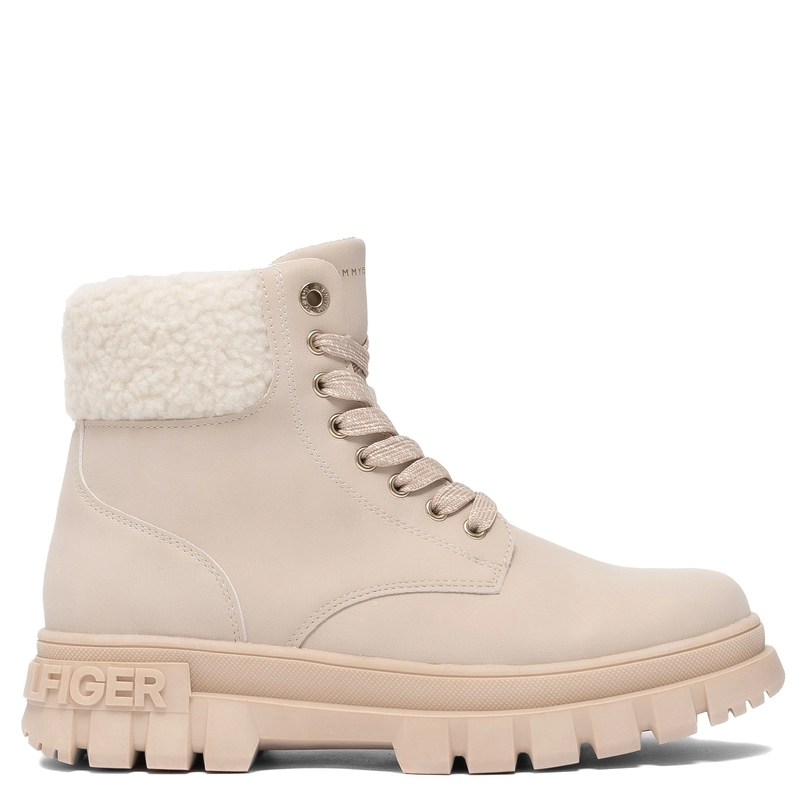 Tommy Hilfiger Lace-Up Women’s Boots Faux-Fur Collar Ankle Boots Side-Zip Beige T3A5-34043-BEIGE
