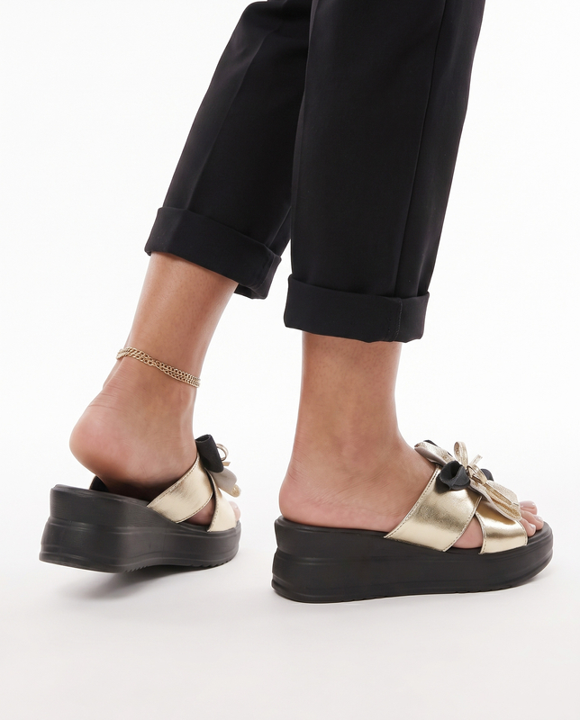 Filippo Leather Wedge Slippers With Decorative Bow Gold DK7636-26-GO-BK