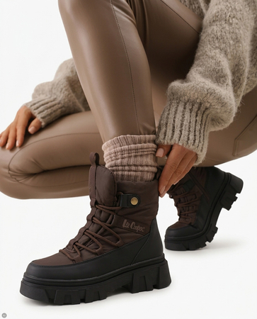 Lee Cooper Women Insulated Platform Snow Boots Lace-Up Ankle Boots Brown Black LCJ-26-01-4631LA