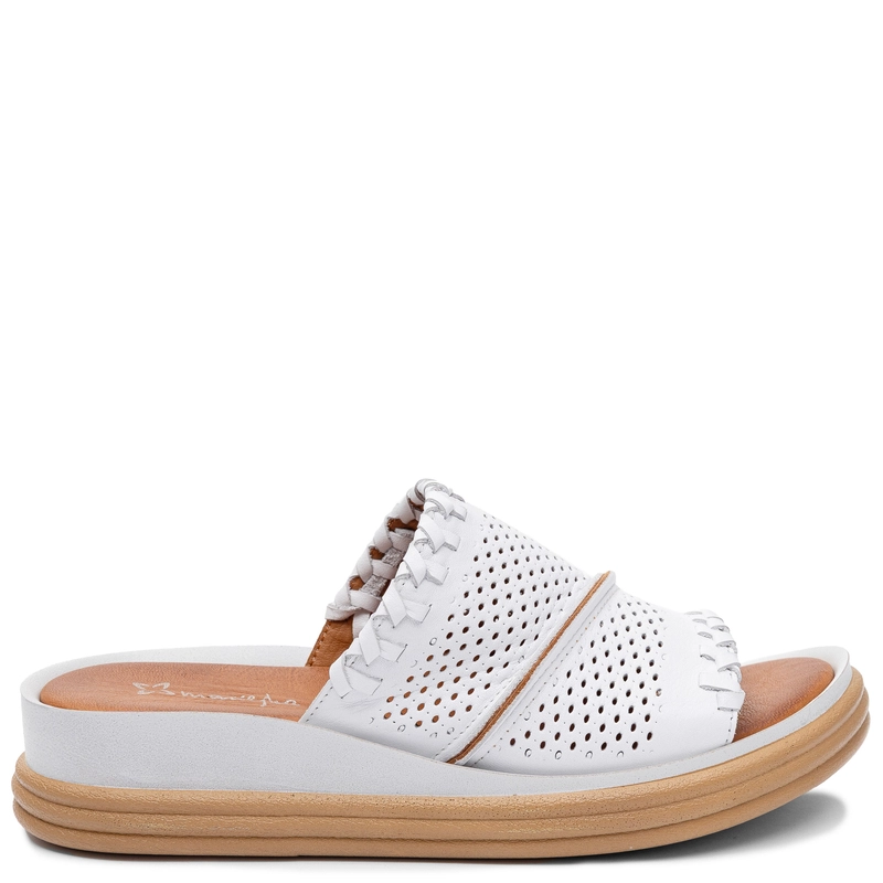 Maciejka White Leather Ajour Platform Mules Slides L7630-11/00-1