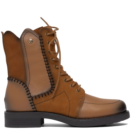 Maciejka Leather Lace-Up Boots Decorative Stitching Ankle Boots Side Zip Cognac Brown A7155-07/00-7