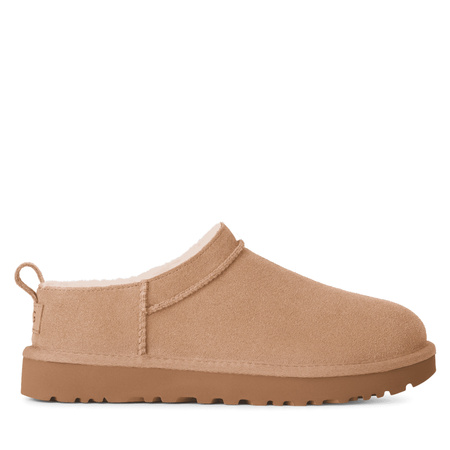 UGG Skórzane Kapcie Damskie Z Futerem W Classic Micro Sand Beżowy 1173891-SAN