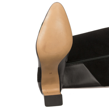 Maciejka Skórzane Patchworkowe Kozaki na Słupku Ocieplane Czarne 05784-01/00-8