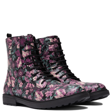 Geox Lace-Up Floral Ankle Boots With Zipper Black/Pink J049QD-00004
