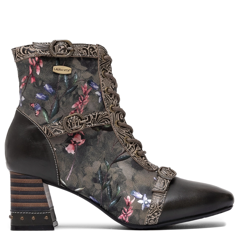 Laura Vita Leather Lace-Up Ankle Boots Block Heel Khaki TALAO-003-KAKI