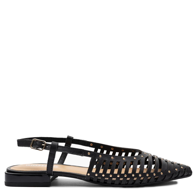 Gioseppo Leather Cutout Slingback Flats Almond Toe Black 74076-BLACK