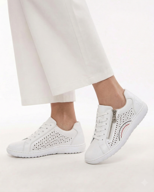 Rieker Leather Perforated Women’s Sneakers With Side Zipper White 52824-80