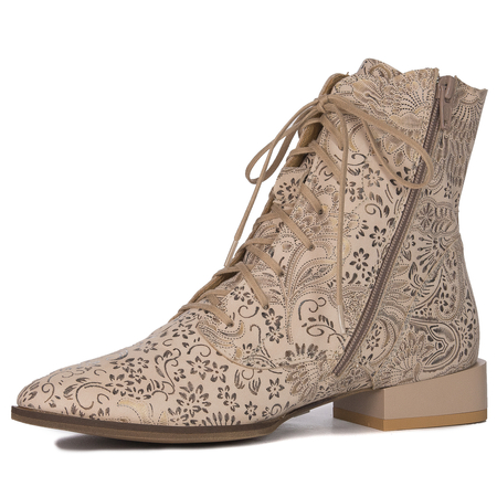 Maciejka Fashion Leather Floral Lace-Up Ankle Boots Beige Gold 06391-04/00-1