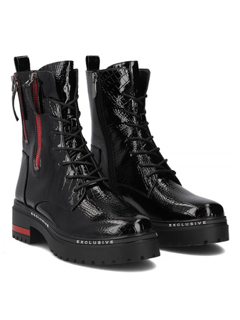 Filippo Workery Skórzane Botki Lakierowane Ocieplane Czarne DBT4058-25-BK-RD