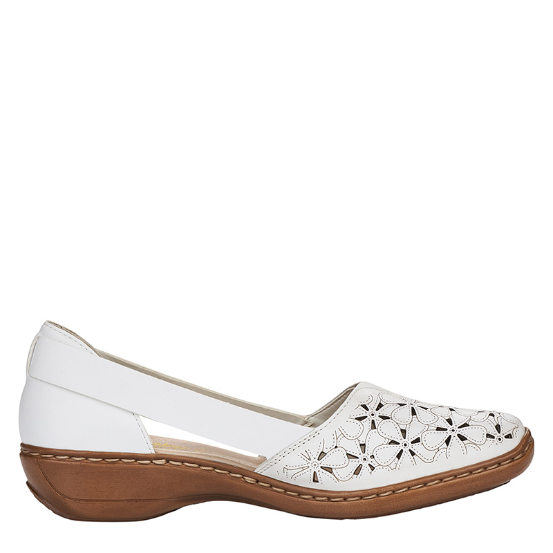 Rieker Leather Floral Openwork Slip-On Shoes Low Wedge White 41356-80