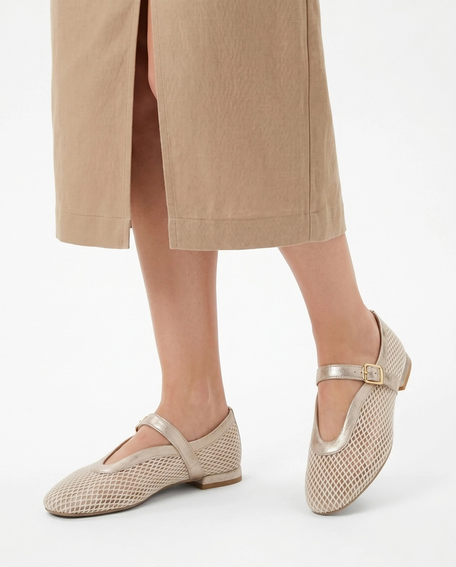 Maciejka Leather Openwork Ballet Flats With Strap White-Gold 06939-04-00-0