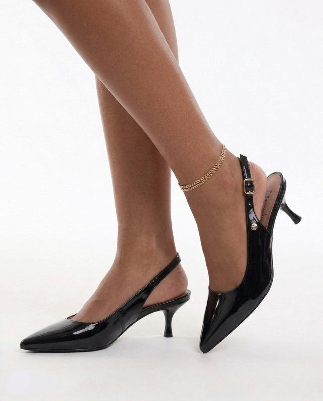 Maciejka Skórzane Lakierowane Czółenka Slingback Na Szpilce Czarne K7448-01/00-1