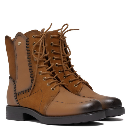 Maciejka Leather Lace-Up Boots Decorative Stitching Ankle Boots Side Zip Cognac Brown A7155-07/00-7