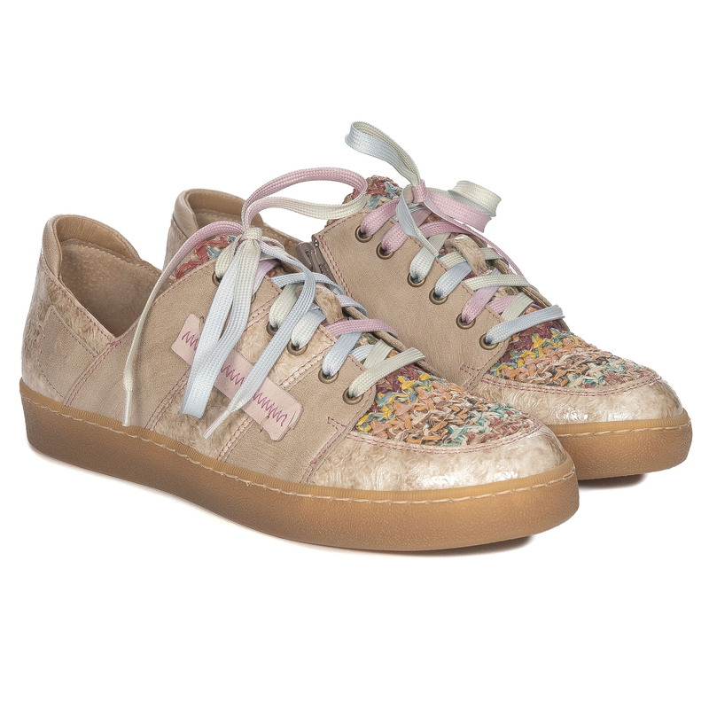 Maciejka Skórzane Półbuty Sneakersy Patchwork Wielokolorowe Beżowe 06791-04/00-1