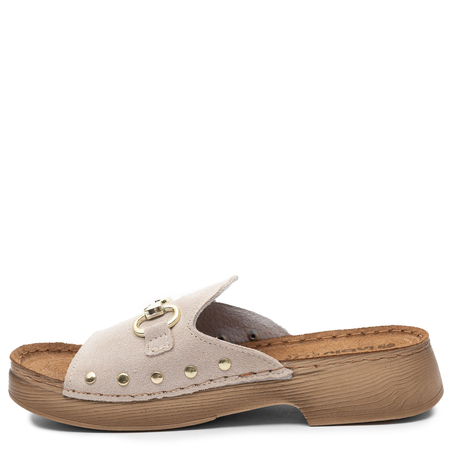 Inblu Leather Slides With Gold Buckle Studded Beige TF0002KU-ICE