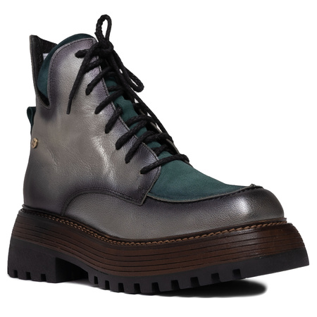 Maciejka Leather Lace-Up Ankle Boots on Platform Silver-Green 07110-09-00-8
