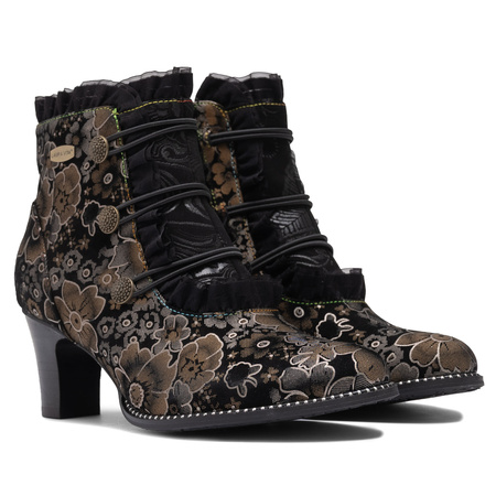 Laura Vita Heeled Ankle Boots Boho Floral With Zipper Black ELCODIEO-224-CAFE