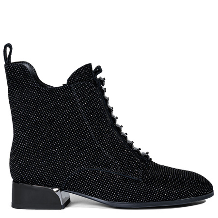 S.Barski Sparkle Leather Ankle Boots Block Heel Black MR52-156-BK