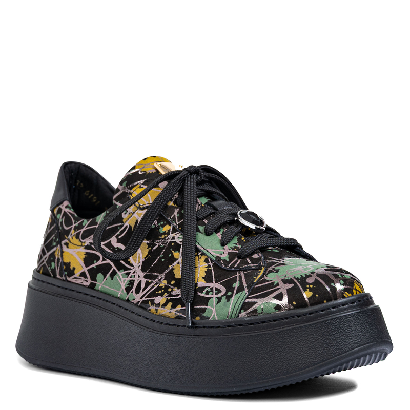 Maciejka Skórzane Na Platformie Czarne Sneakersy z Abstrakcyjnym Wzorem 6191W-07/00-8