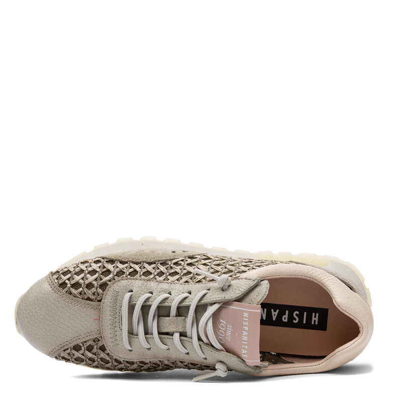 Hispanitas Skórzane Sneakersy Damskie Ażurowe Na Lekkiej Podeszwie Beżowo-Zielone RHV264741-ALGA