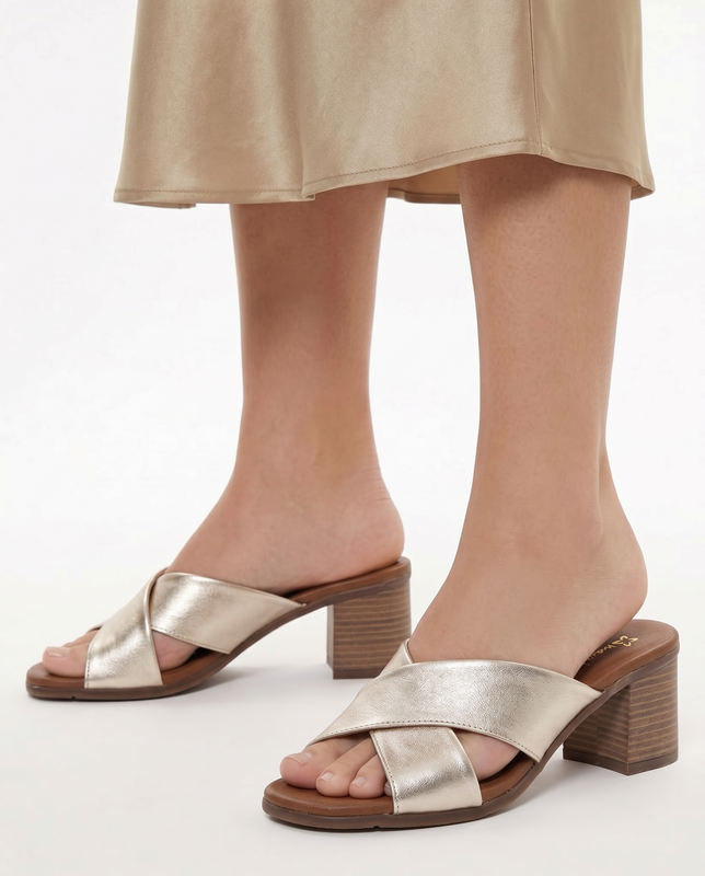 Maciejka Leather Cross Strap Heeled Mules Gold E7390-25/00-1