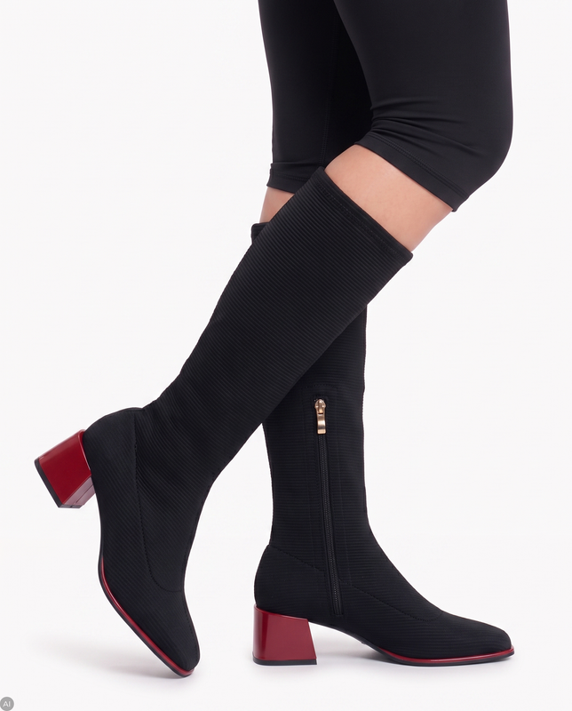 Gioseppo Trendy Stretch Sock Boots On Red Block Heel Black 80684-NEGRO