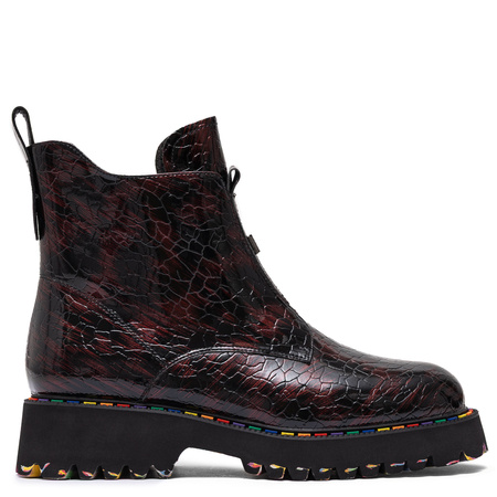 Artiker Leather Croc-Embossed Ankle Boots on Platform Black-Burgundy 57C0165